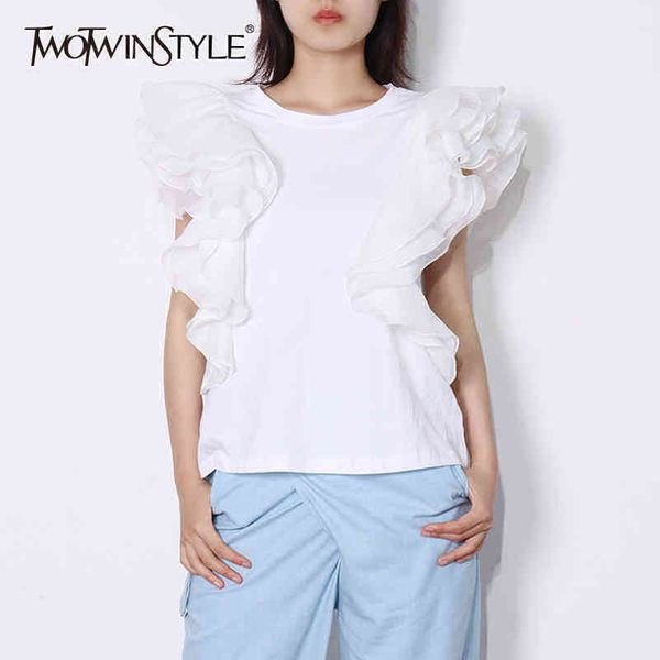 

twowinsyle casual slim shirt for women o neck short sleeve patchwork ruffle elegant shirts female summer fashion ide 210423, White