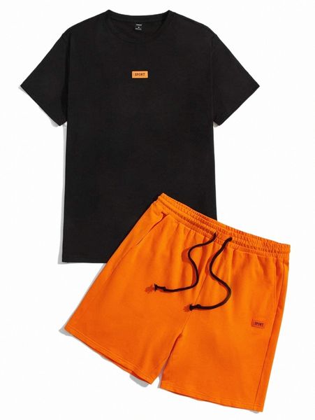 

men letter patched tee & track shorts l1n5#, Gray