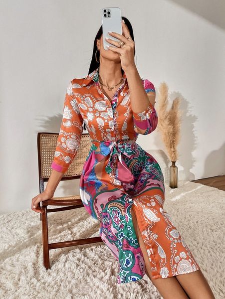 

color-block paisley print belted shirt dress a293#, Black;gray