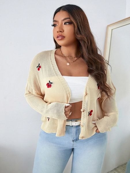 

plus cherry embroidery drop shoulder cardigan l8pk#, Black