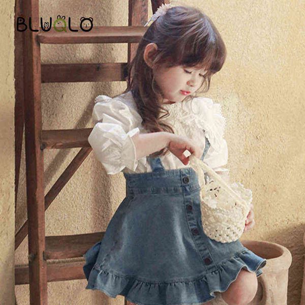 

spring autumn kids girls skirt set cute white shirt fashion children kids zipper denim skirt teens casual daily outfit clothes aa220316