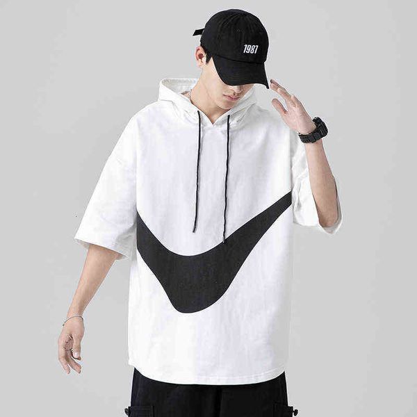 

designer men's t-shirt summer loose t-shirt hooded fashion short printed men's half sleeved style, White;black