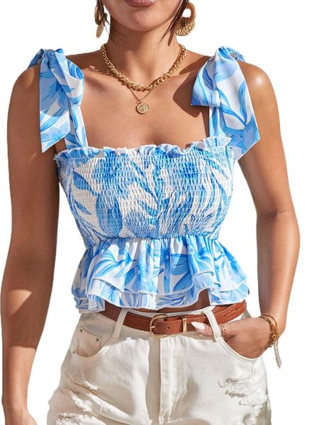 

floral print shirred peplum wide strap v70d#, White