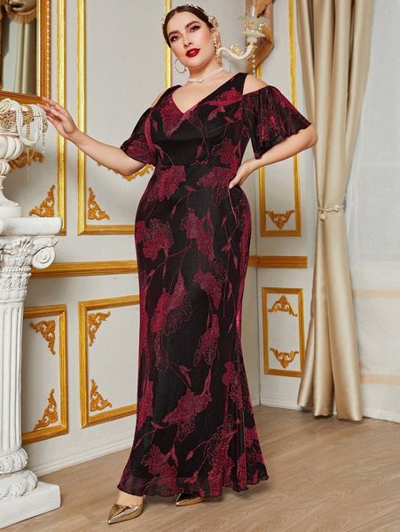 

plus floral print cold shoulder maxi dress 40ss#, Black