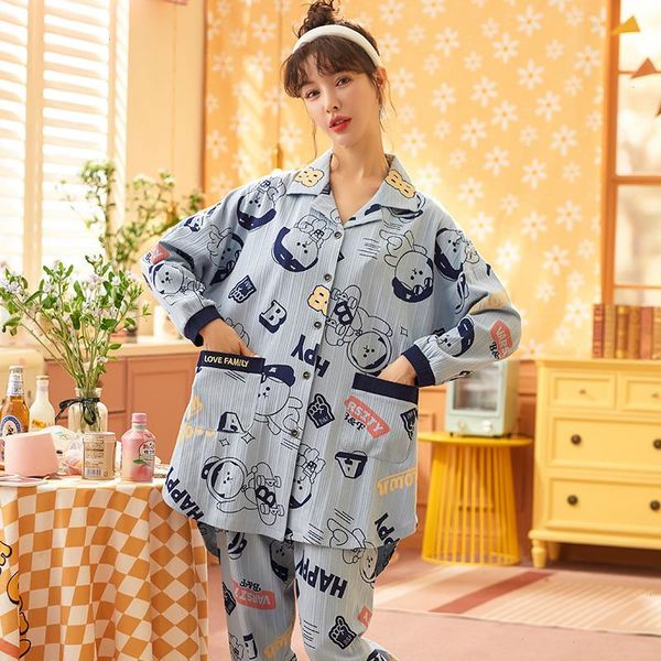 

5xl women pajamas set mid-length sleepwears long sleeve turn-down collar woman sleepwear casual soft female homewear, Black;red