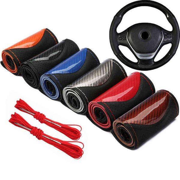

1pc crystal carbon fiber microfiber leather fashion sports hand-stitched non-slip car steering wheel cover braid on steering wheel y220422