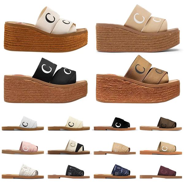 

new arrival womens designer sandals espadrille platform slippers woody mules wedge heel canvas lace slides square toe fashion fashion lady s, Black