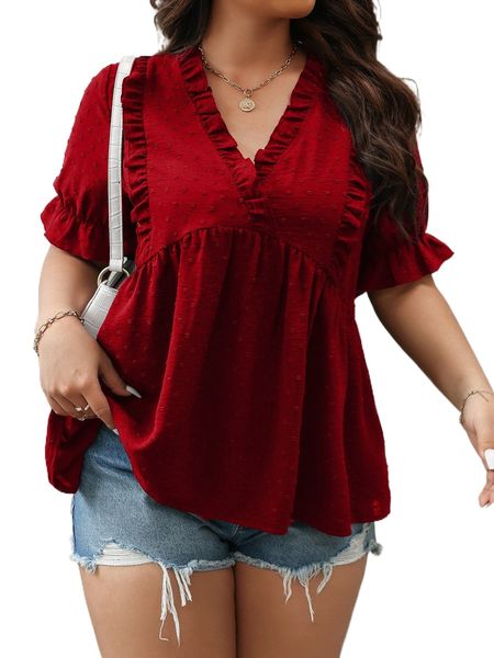 

plus swiss dot frill trim flounce sleeve peplum blouse t61y#, Black
