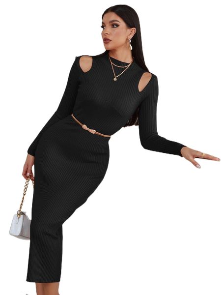 

cut out ribbed knit sweater dress without belt l572#, White;black