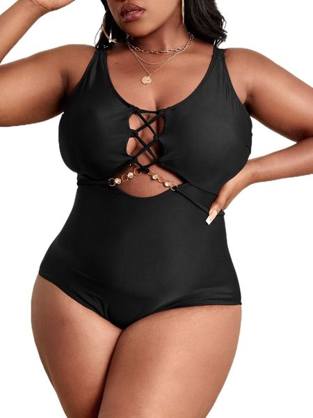 

plus chain detail crisscross one piece swimsuit r8jp#, White;black