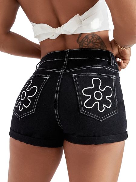 

floral print roll up hem denim shorts n1va#, White;black