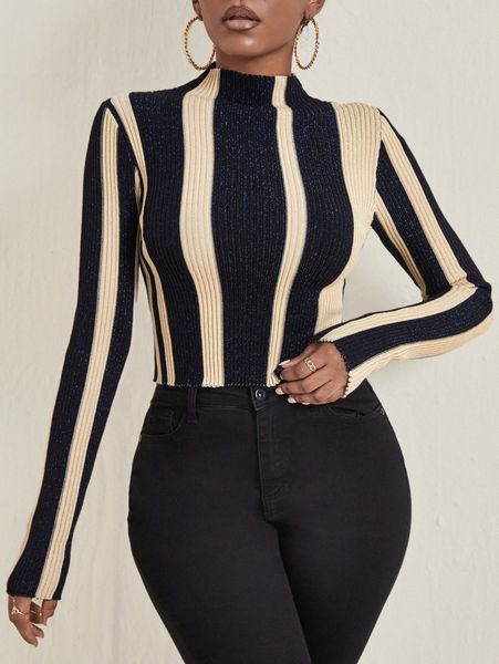 

sxy mock neck striped pattern sweater i2sc#, White;black