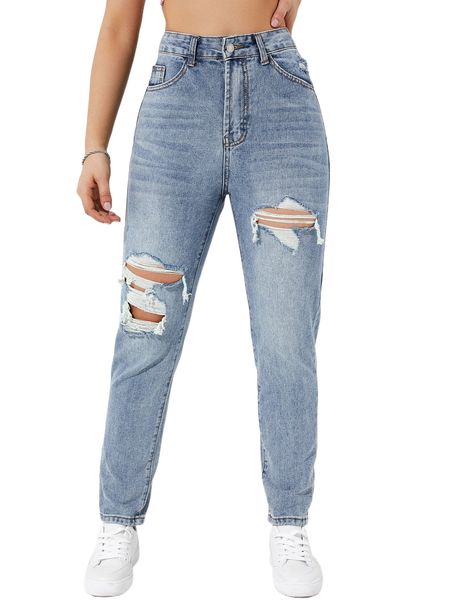 

high waist ripped mom jeans o9ow#, Blue