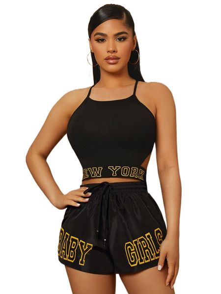 

sxy letter graphic crisscross tie back cami & drawstring waist shorts t7gb#, White