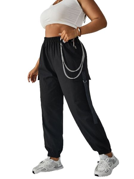

plus chain detail flap pocket cargo pants w6m1#, Black