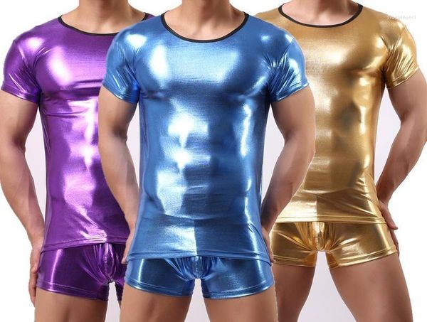 Herren-Pyjamas, Herren-T-Shirt, PVC-Pyjama-Set, Nachtwäsche, sexy Unterwäsche, T-Shirts, Unterhemden, T-Shirts, Kunstleder, kurzärmelige Boxershorts