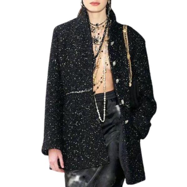 

women girls vintage long tweed designer blazer peacoat tailored jacket coat 2022 milan runway brand luxury designer dress sequins suit with, Black;brown