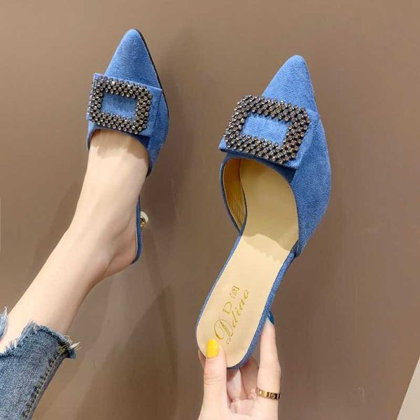 

classic luxury paris high heels casual 2022 fall muller shoes pointed toe square buckle women's slippers zapatillas mujer designer elli, Black