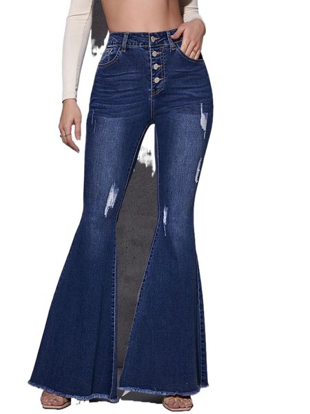 

high waist ripped raw hem flare jeans b533#, Blue