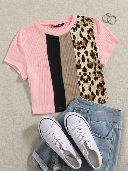 

leopard print colorblock rib-knit tee 819y#, White