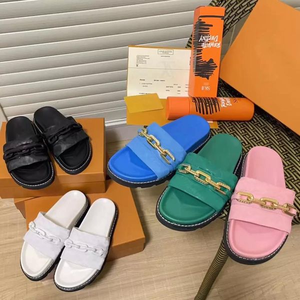 

designer slippers sunset comfort slipper women sandals chain sandal platform slides presbyopia shoes embossed calfskin slide, Black