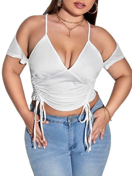 

plus cold shoulder drawstring crop tee c7fz#, Black
