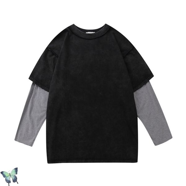 

askyurself twoinone fake two pieces of ins stripe reverse wash old long-sleeved t-shirt splicing hip-hop t-shirts 210420, White;black