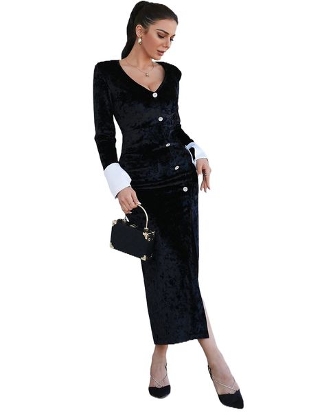 

contrast cuff split thigh velvet dress t2b0#, Black;gray