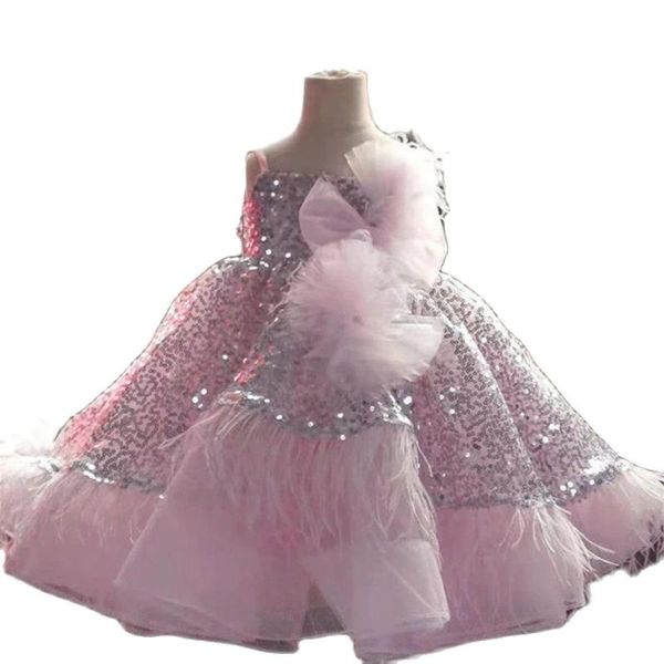 Mädchenkleider Puffy Baby Girl für Geburtstagsfeier Paillettenoberteil Federrand Tiered Kid First Dress Größe 9M 12M 18M 24MGirl's