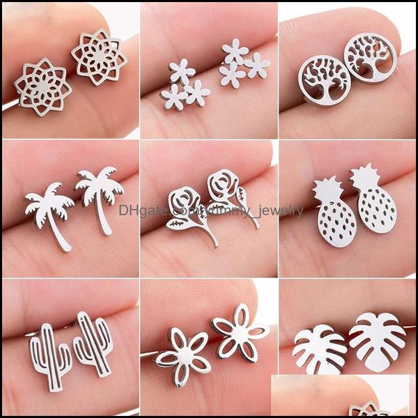 

stud earrings jewelry women girls cute flower cactus leaf gold black fashion stainless steel party daily accessories drop delivery 2021 k4ab, Golden;silver