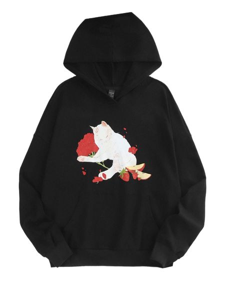 

x catherinesun drop shoulder floral and cat print hoodie 930e#, Black