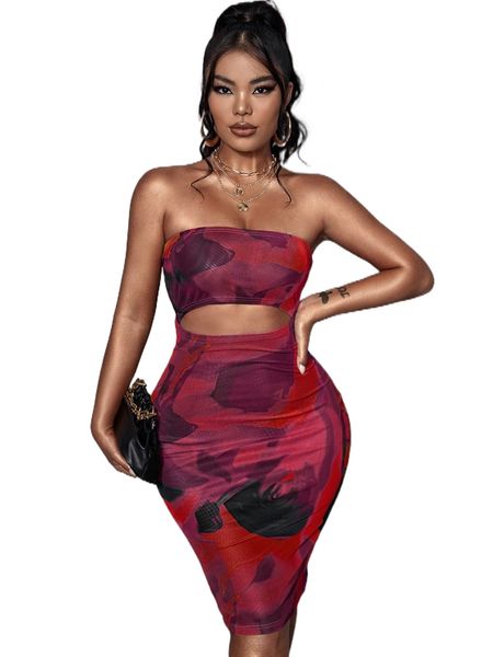 

tie dye cut out tube bodycon dress 84gs#, Black;gray