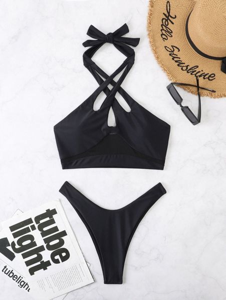 

cross halter high cut bikini swimsuit k7ve#, White;black