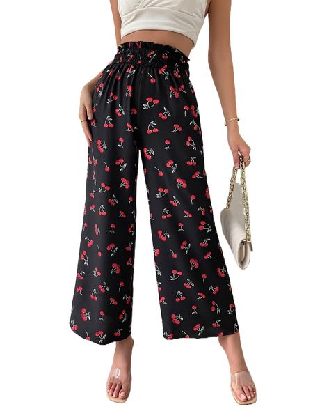 

cherry print shirred frilled waist wide leg pants f7uv#, Black;white