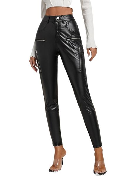 

high waist pu leather pants t0eo#, Black;white