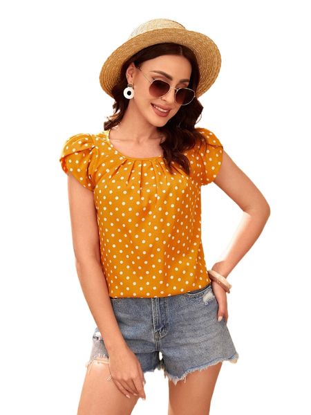 

petal sleeve fold pleated front polka dot r1s1#, White