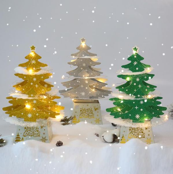 Noel Dekorasyonları Mini Masaüstü Noel Ağacı Süsleri Parlak 3D Pop-Up Kart Işıklar Xmas Dekorasyonu SN4761