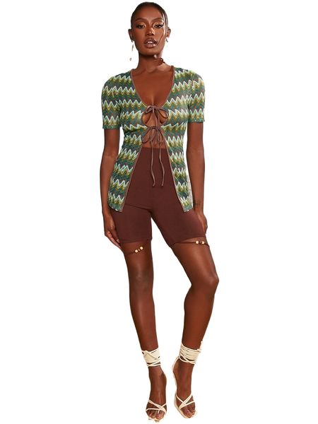 

chevron pattern tie front contrast binding tee r3q7#, White