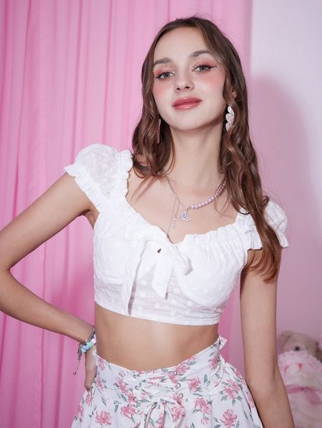 

romwe eyelet embroidery shirred frill trim a52q#, White