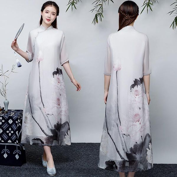 Этническая одежда белая мытья живопись Длинное платье весна лето женщины элегантные китайские платья Cheongsam Qipao Rop Vintage Femme vestido TA2109