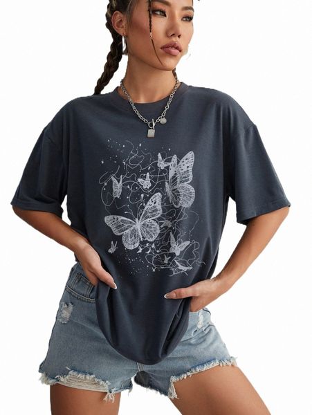 

butterfly print drop shoulder tee l03e#, White
