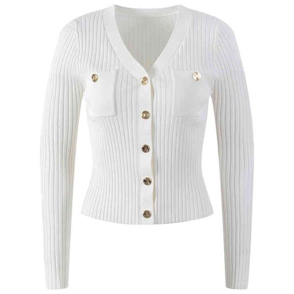 

women's knits tees multicolor metal button knit women's clothing spring and summer slim fit casual v-neck coat w2bv, White