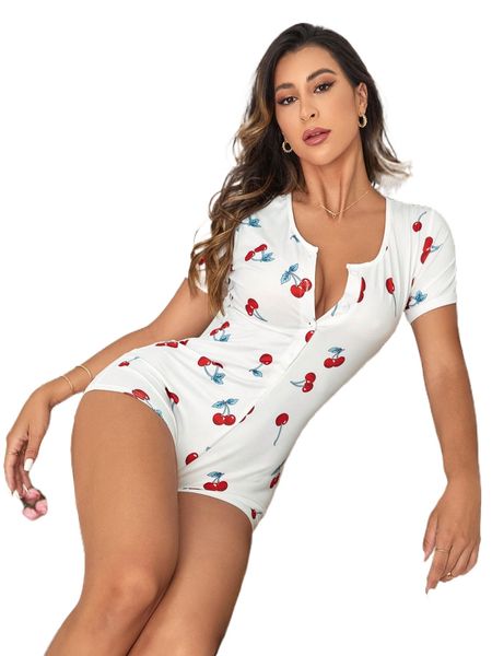 

cherry print button front sleep romper h6qd#, Black;red