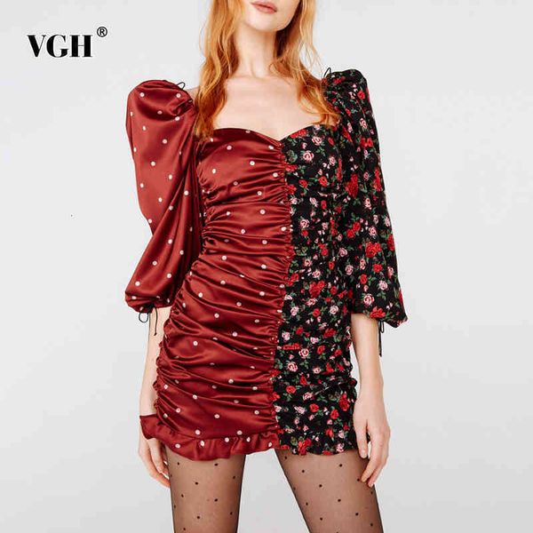 

printed floral dot dress for women square collar lantern sleeve high waist mini dresses female fashion clothing 210507, Black;gray