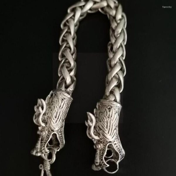 Cadeia de link Cadeia colecionável Antigo Tibete Silver TEAVE Dragão chinês Double Bracelet Plated Hollow Nob K4b6 Fawn22