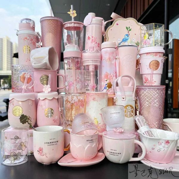 Starbucks Kirschblütenbecher mit Farbverlauf, rosa Kirschblütenblütenbecher, Glasstrohhalm, Thermobecher, Topfdeckel, Tasche