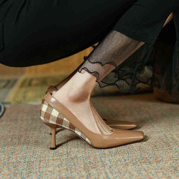 

designer women's shoes boots french chsboard checkered square head single shoes women's light luxury setting calf leather high hee, Black