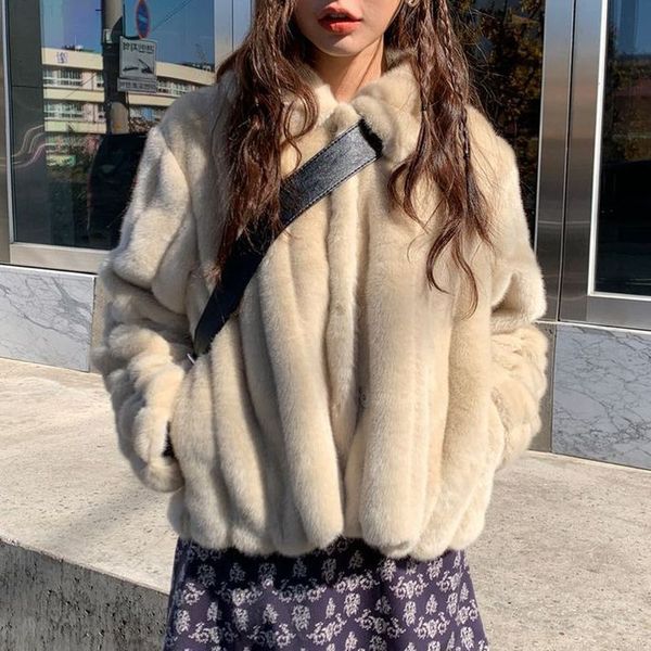 2022 Winter Women Rabbit Pur Coat White Casual Casual quente Faux Fur Fur Manga Longa Tamanho grande sobretudo de pele T220716