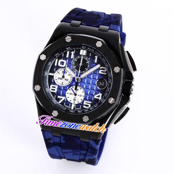 

k8f 44mm miyota quartz chronograph mens watch d-blue dial white subial satch pvd black steel case blue rubber strap sport watches timezonewa, Slivery;brown