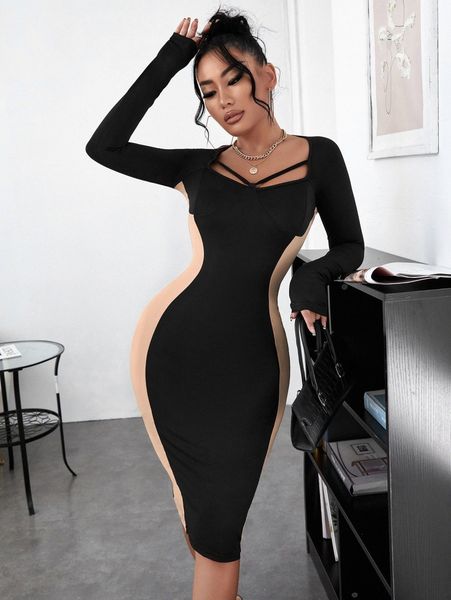 

sxy two tone cut out bodycon dress 98ss#, Black;gray